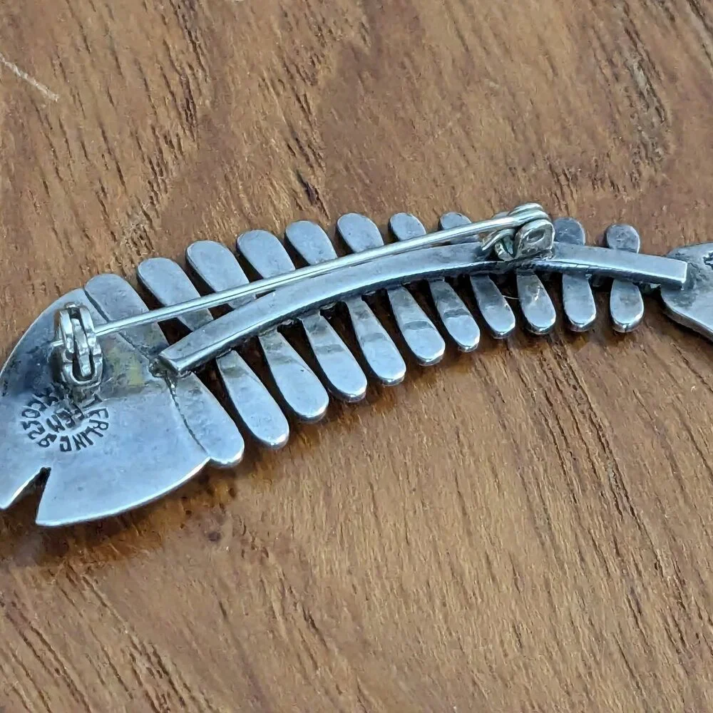 Stunning Vintage Mexican 925 Silver FISH SKELETON Pin Brooch - Eagle 3 Mark